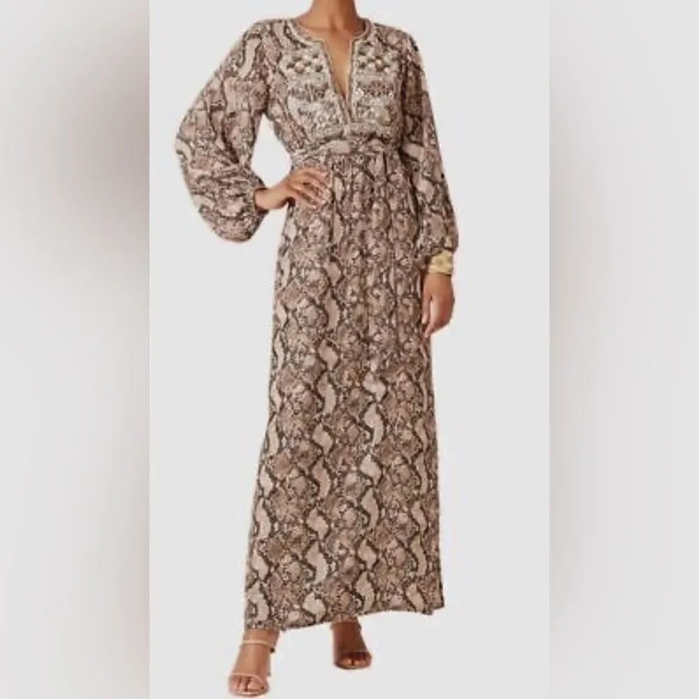 $896 Figue Women's Beige Emani Snakeskin-Print Blouson-Sleeve Dress Size S locH1